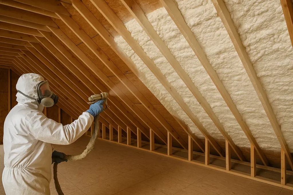 Worker applying spray foam insulation