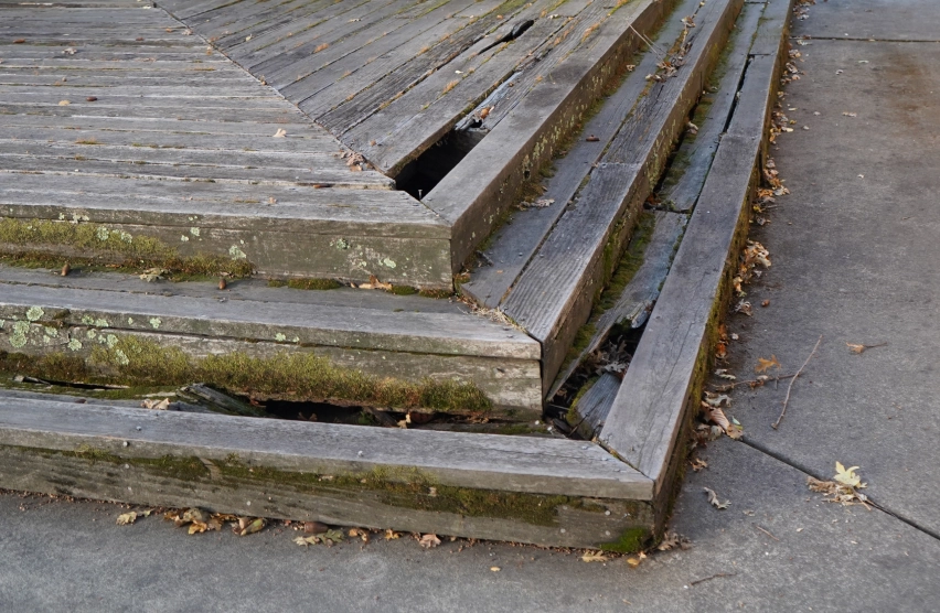 Moisture-damaged deck boards and weakened wooden railings affected by dry rot