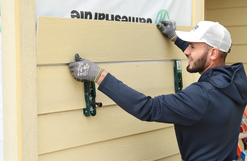 Damaged siding being repaired on a residential home exterior