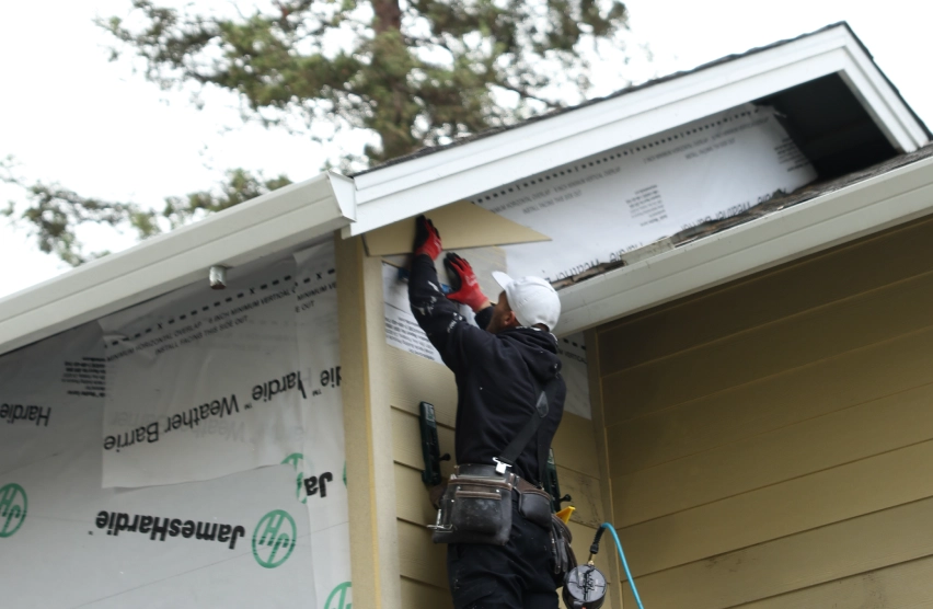 Home exterior with old siding being replaced with new materials