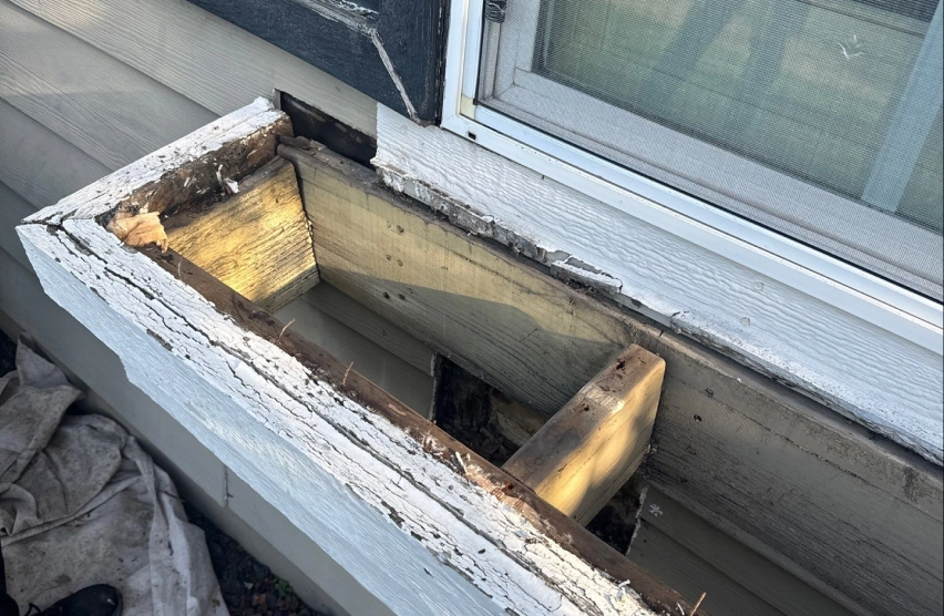 Peeling paint and rotted wood around a window opening and exterior wall penetration