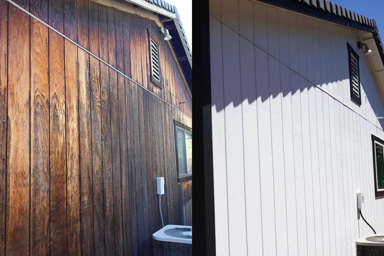 Exterior of home before siding replacement and painting