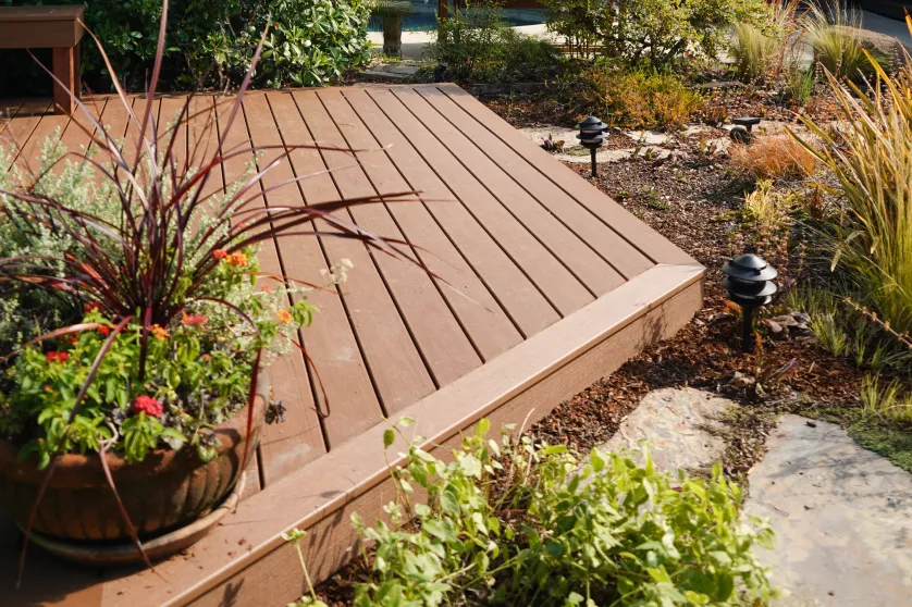 Finished small Trex garden deck after replacement in Roseville, CA