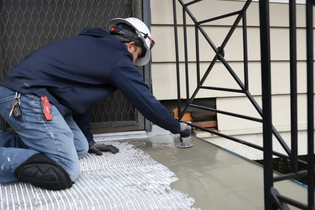 Contractor applying waterproof membrane during balcony resurfacing project