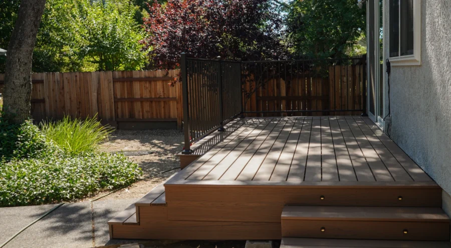 Newly installed Trex composite deck in Honey Grove color