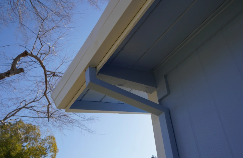 Close-up of finished fascia, soffit, and exterior trim on a Folsom home