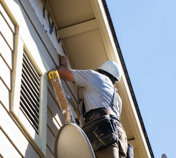 Workers removing old wood siding from a residential home