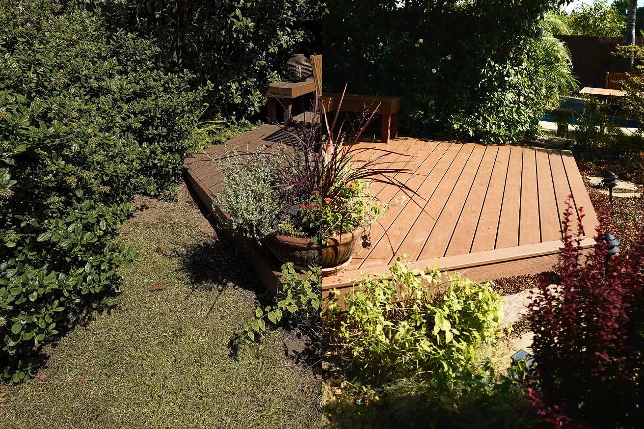 Newly rebuilt garden deck finished with Trex composite decking in Roseville, CA