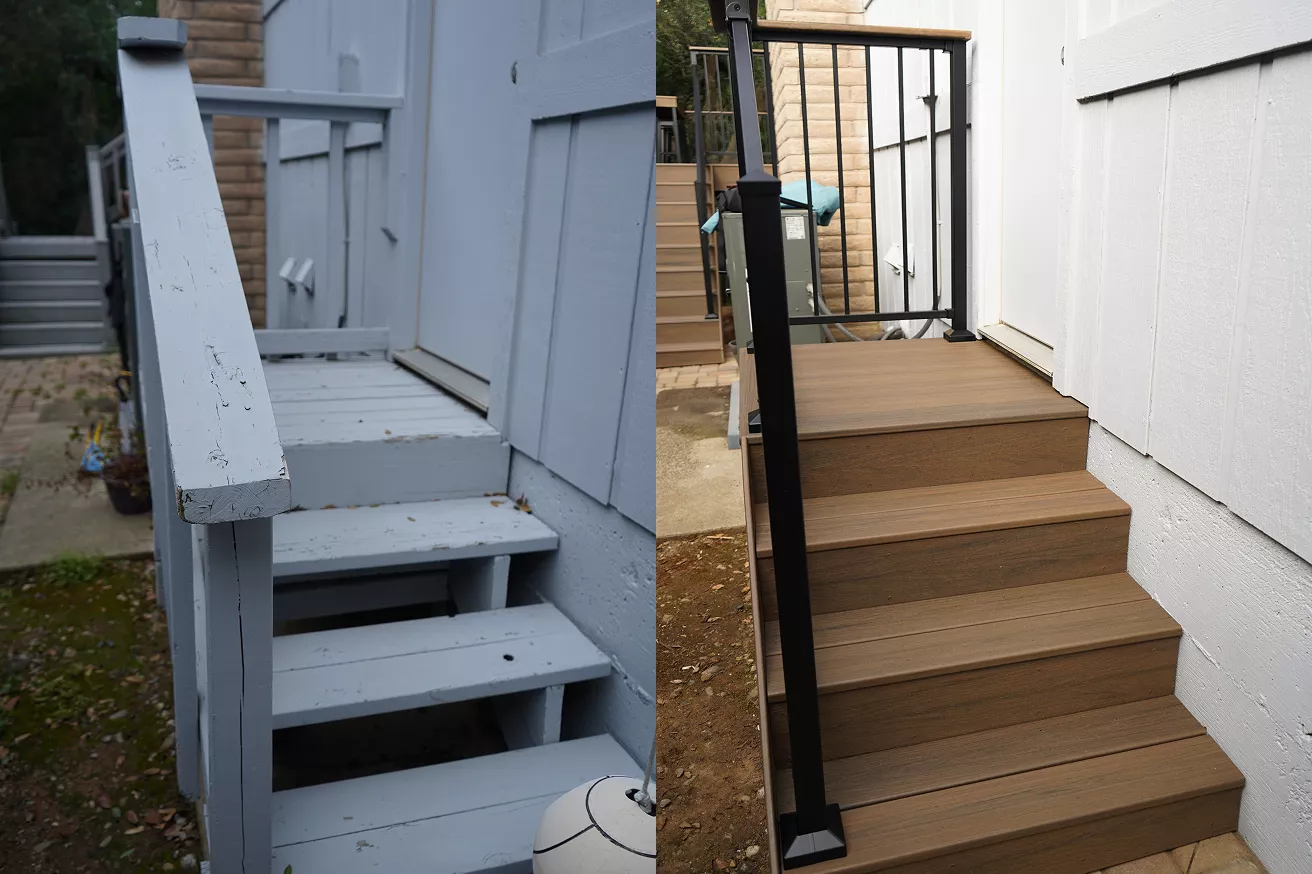 Residential backyard with larger newly installed Trex deck