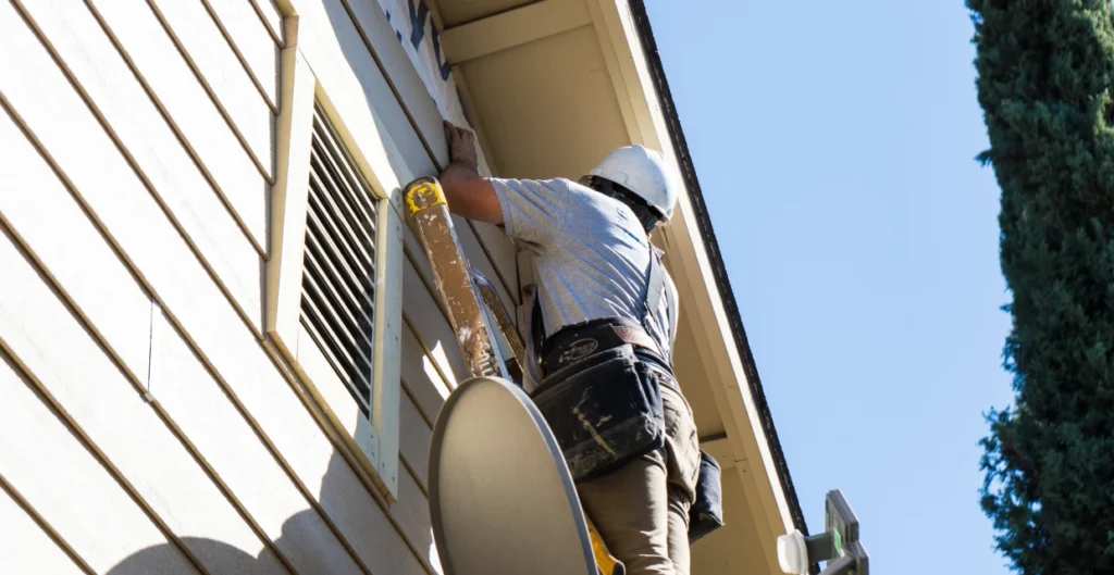 Contractor inspecting damaged siding panel and wall sheathing on Roseville home
