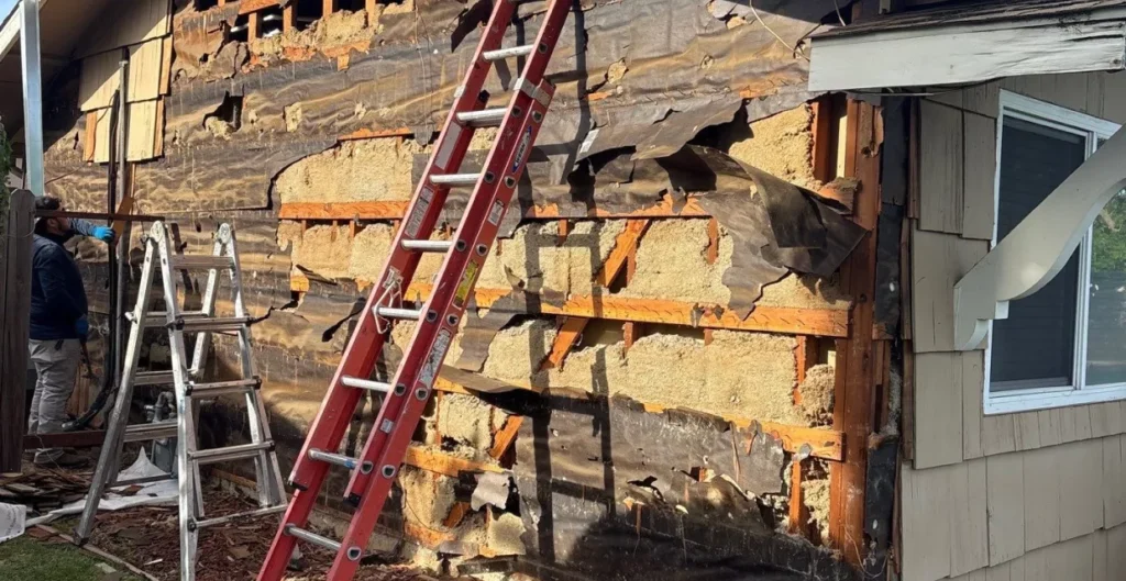 Siding contractor inspecting weathered wall boards and substrate on older North Highlands home