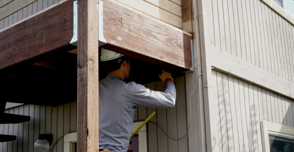 Contractor inspecting siding and wall sheathing on an Arden-Arcade home exterior