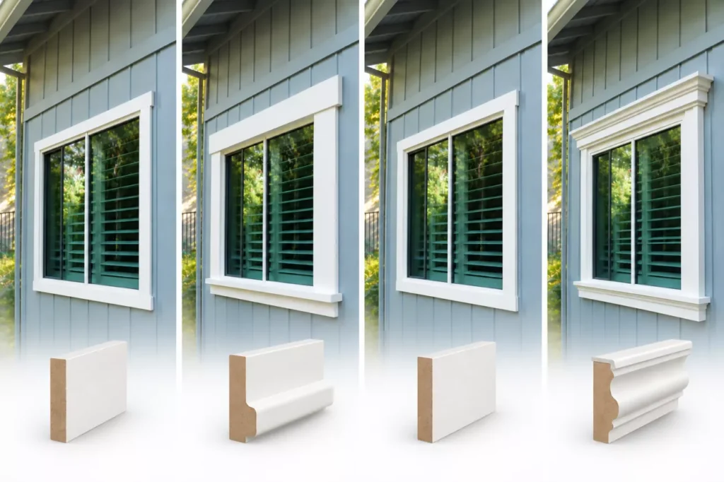 Close-up of exterior window trim casing meeting siding and flashing