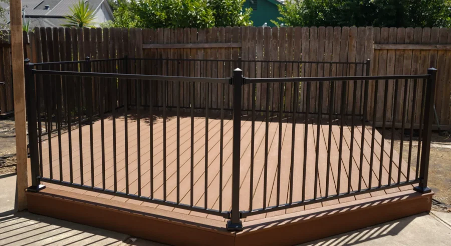 Small Trex composite deck with metal railing built on new structural framing in Sacramento, CA.