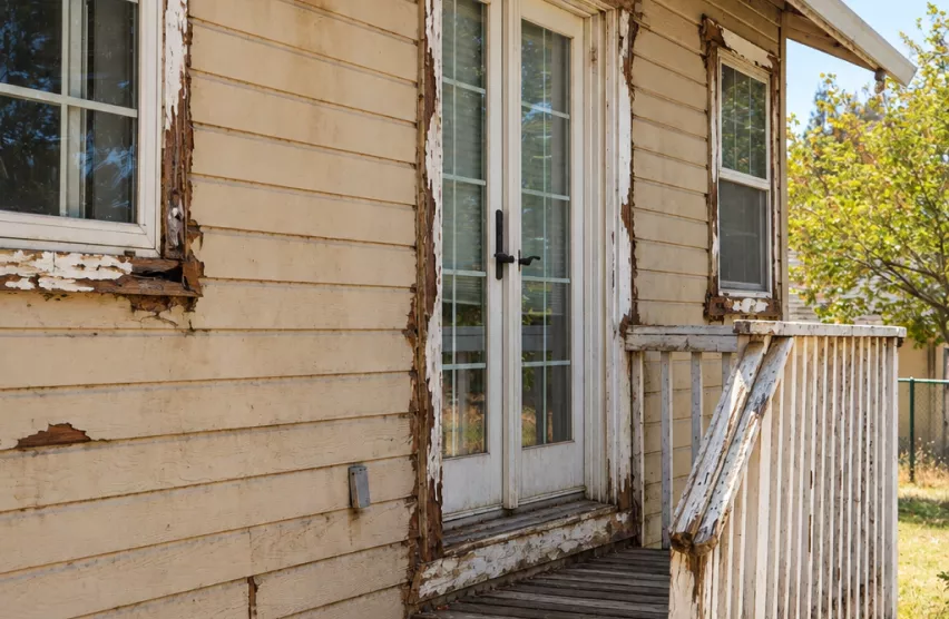 Peeling trim around windows and patio door on a Folsom-area home before the upgrade