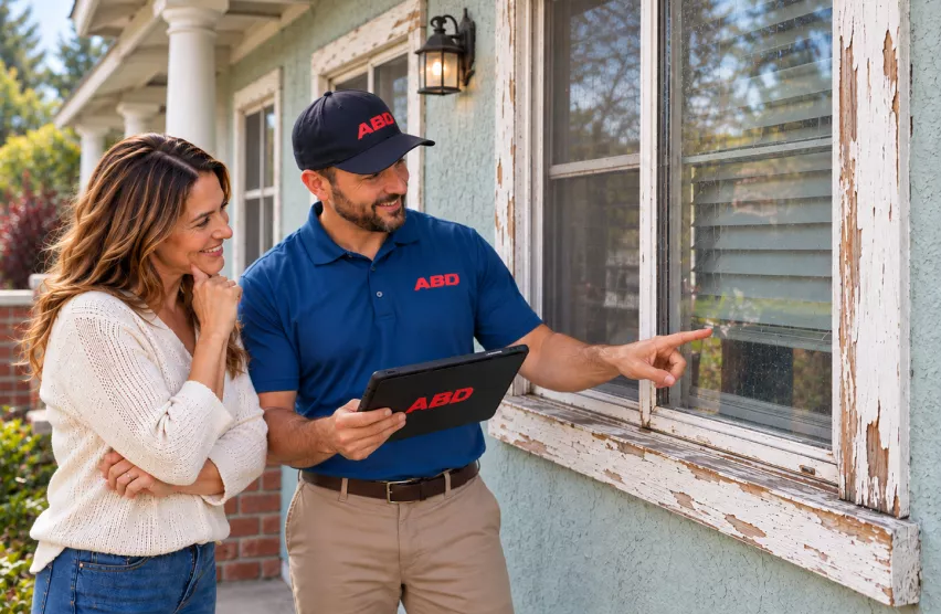 ABD Team consultant pointing out worn window trim to a Rancho Cordova homeowner