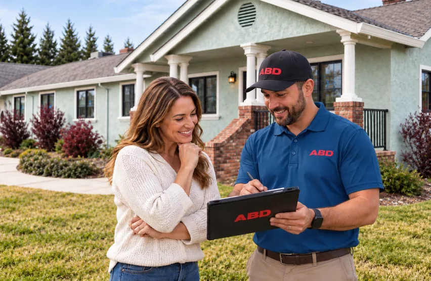 Homeowner reviewing a free window replacement estimate with an ABD Team consultant