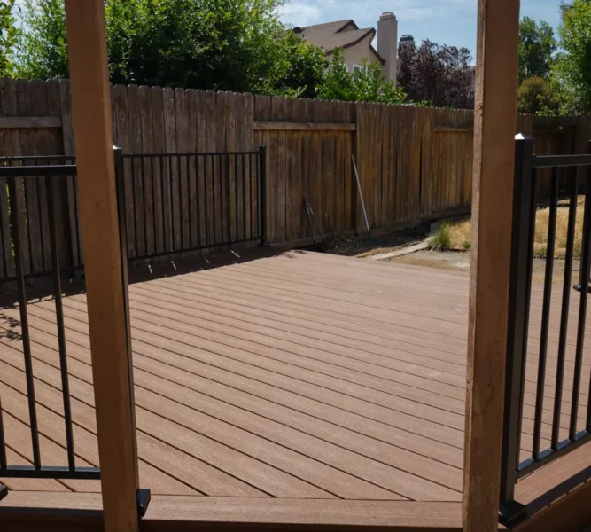 Fully completed small Trex composite deck at a Sacramento home.