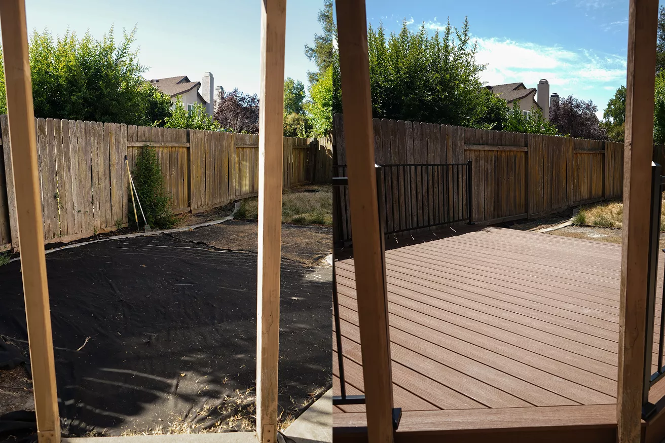 Sacramento backyard before and after installation of a new small Trex composite deck.