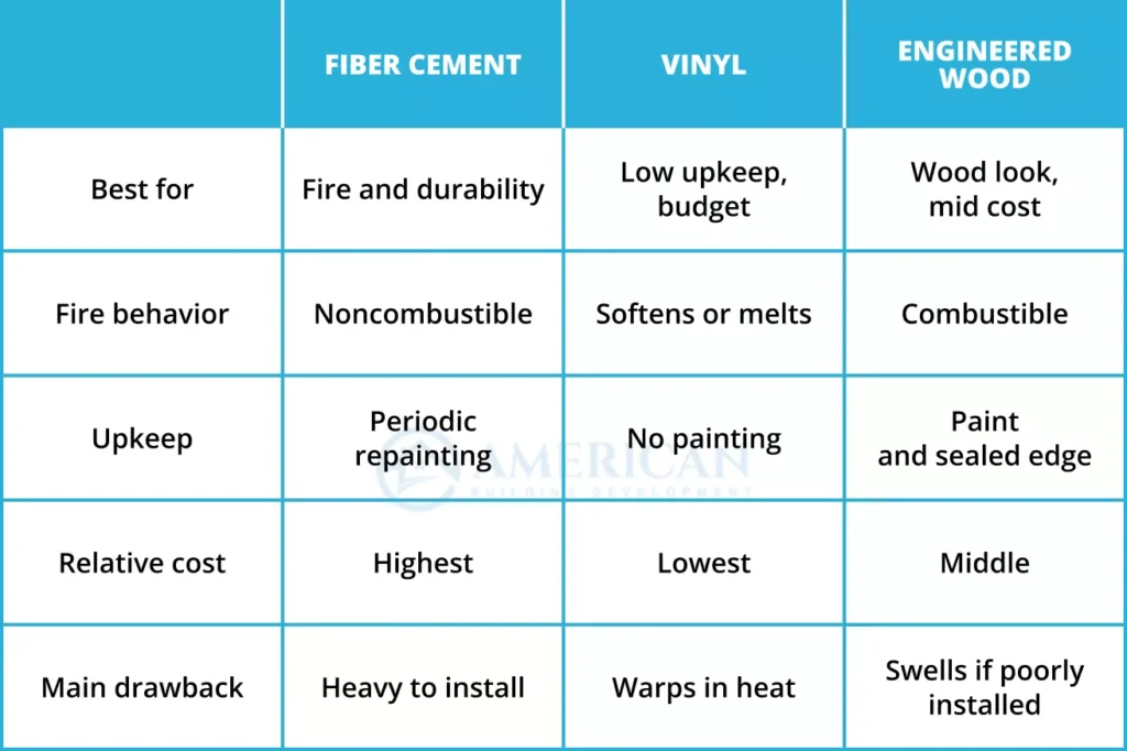 Comparison table of fiber cement, vinyl, and engineered wood siding
