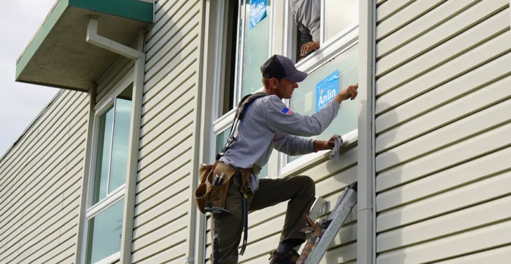 Technician inspecting sun-worn window frame and flashing on Elk Grove home