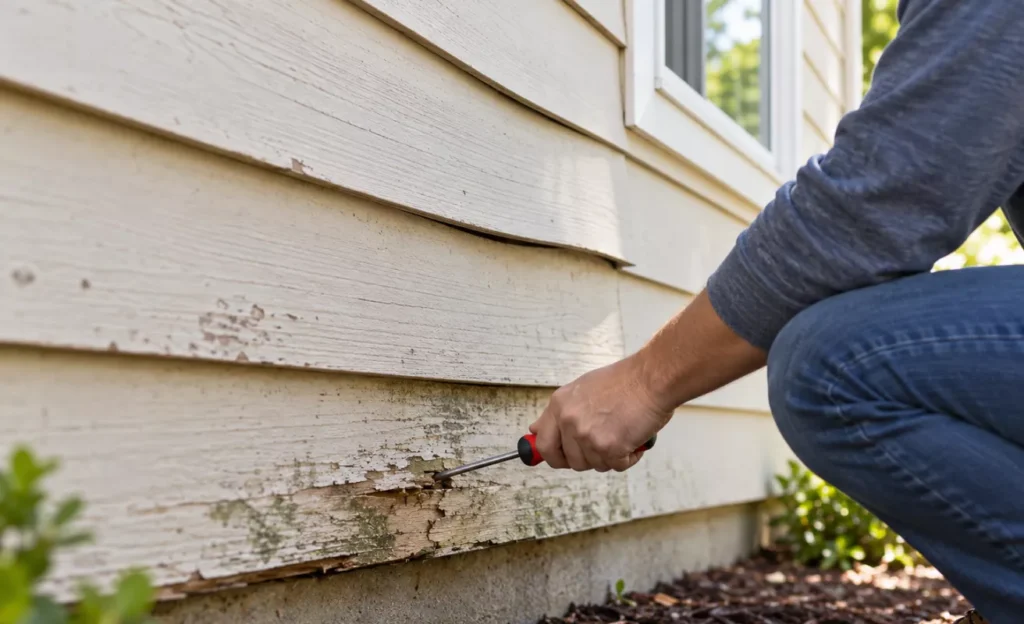 Homeowner pressing screwdriver into soft lower siding board