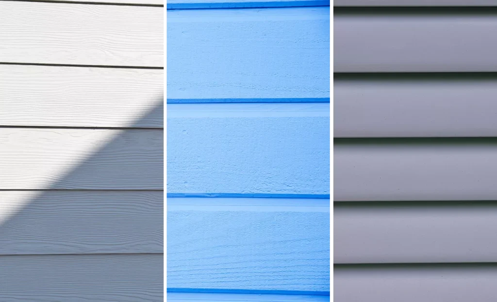 Three siding sample boards of fiber cement, wood, and vinyl