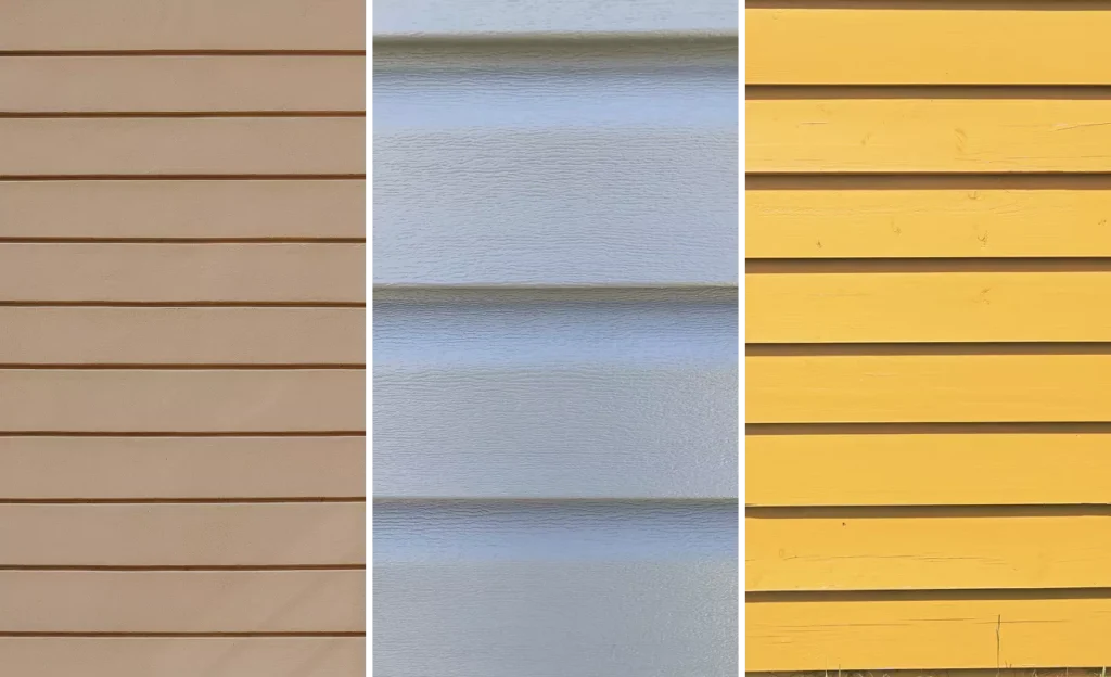 Fiber cement, vinyl, and engineered wood siding samples side by side